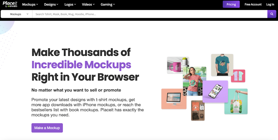 Screenshot der Homepage des Placeit-Design-Mockup-Generators