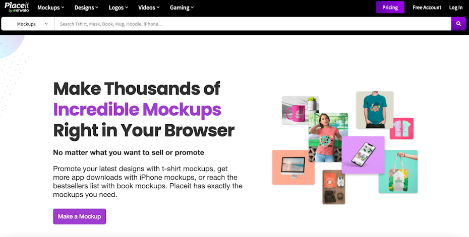 Screenshot of Placeit design mockup generator home page