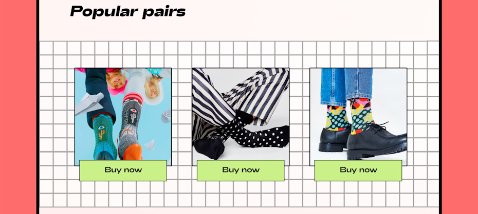 screenshot of sock ecommerce site visually referencing video games and the grid