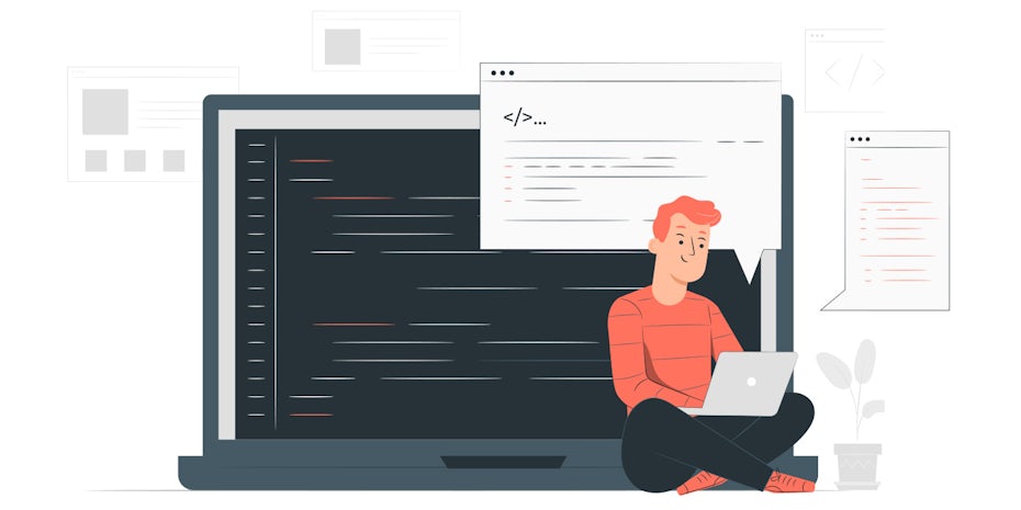 Laptop with lines of code and man sitting on the floor coding