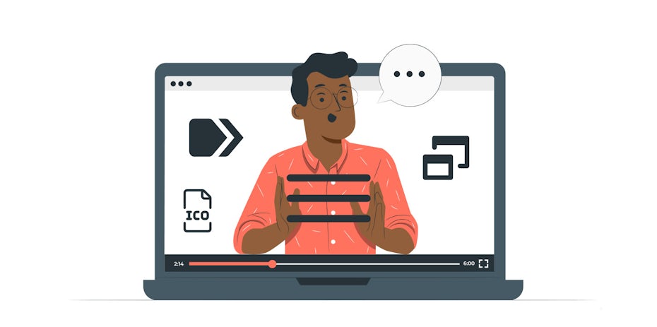 A man in a video with a speech bubble