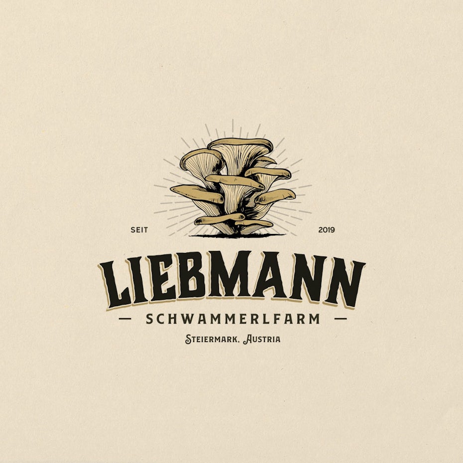 vintage-inspired illustration-style logo showing wide mushrooms