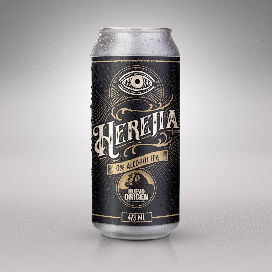 black can label with vintage-style logo and text