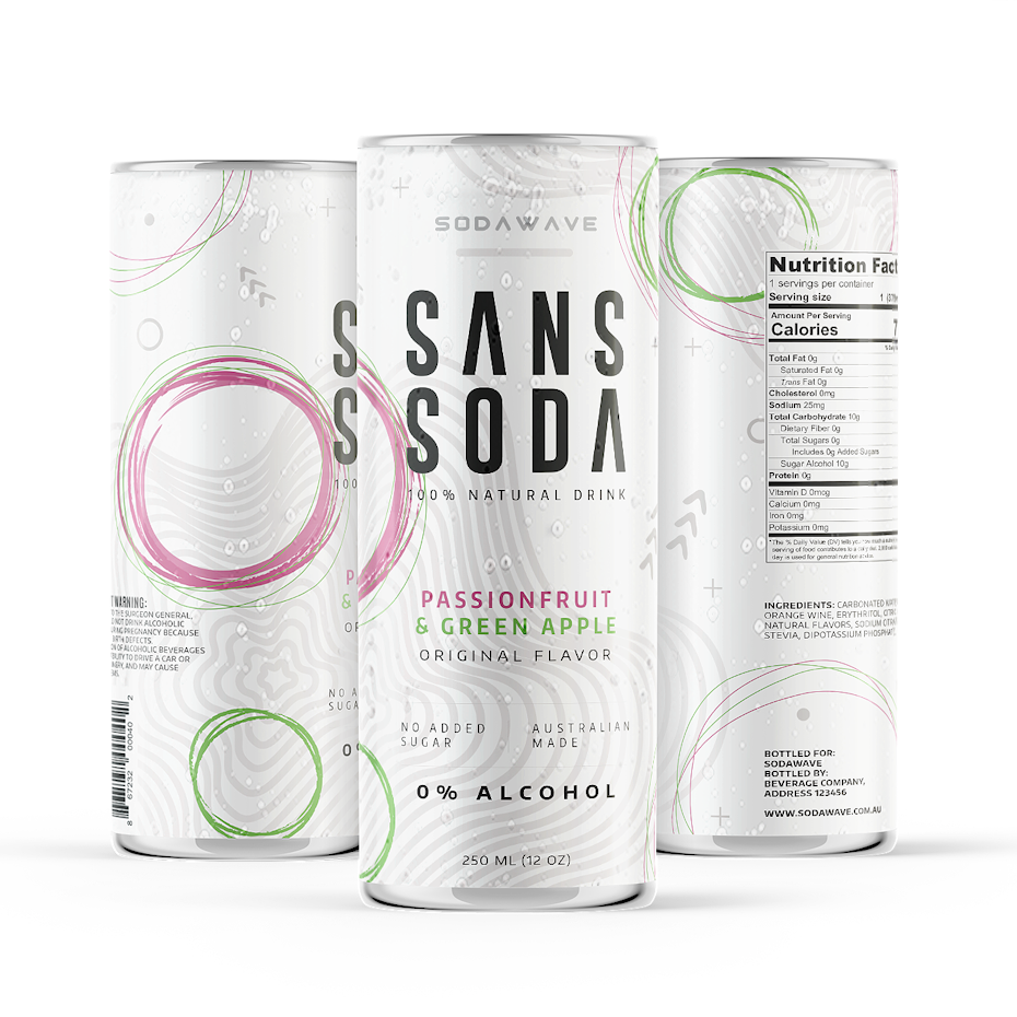 collection of white cans, each with minimalist font and different-colored geometric design
