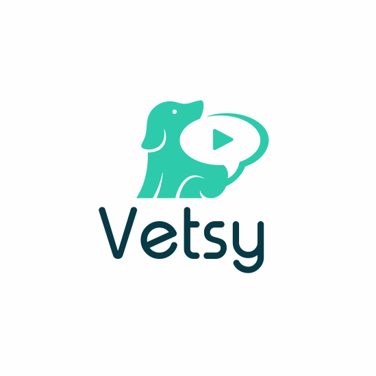 teal and white logo showing a dog with a speech bubble in the negative space behind its tail