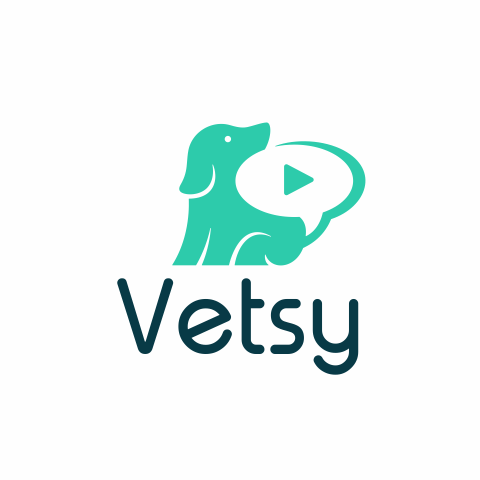 teal and white logo showing a dog with a speech bubble in the negative space behind its tail
