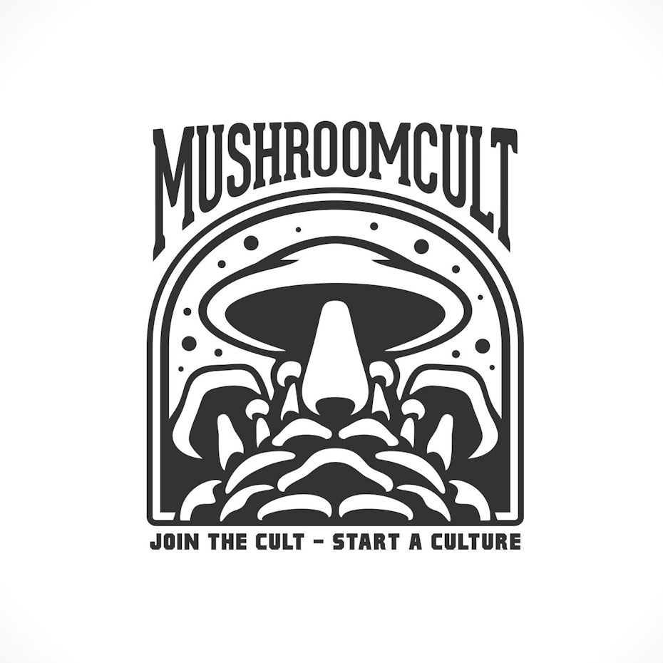 black and white illustration of a mushroom styled to look like a UFO