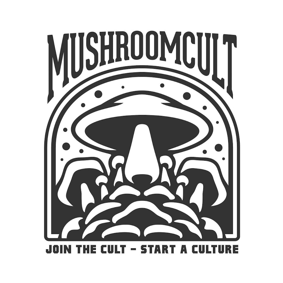 black and white illustration of a mushroom styled to look like a UFO