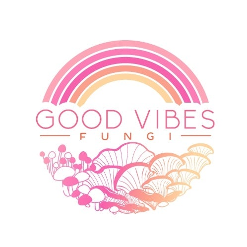 round logo showing a pink-hued rainbow over line-illustrated mushrooms