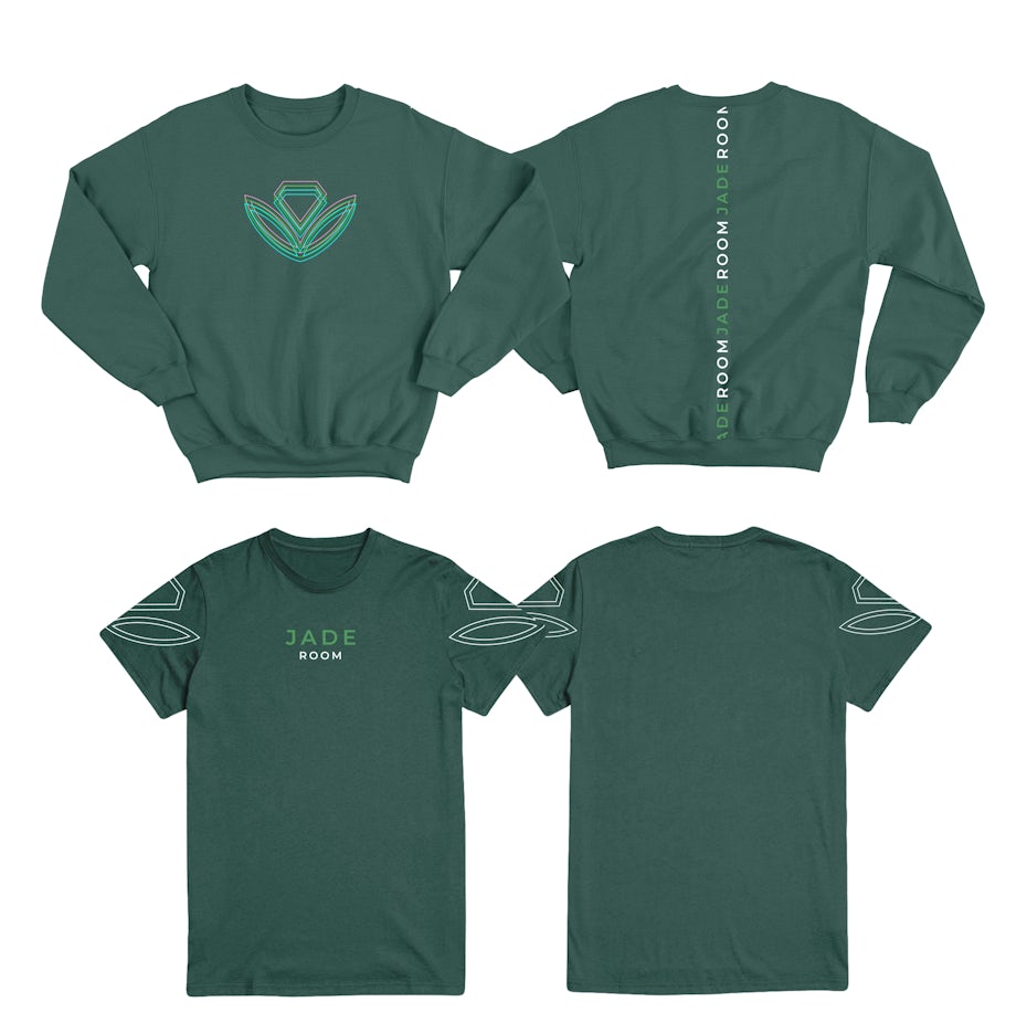 minimalist geometric plant design on a green sweatshirt and tshirt