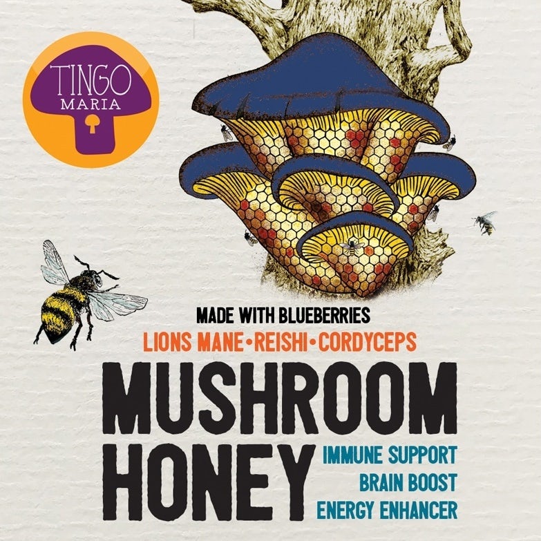 Design d'étiquette illustré représentant des champignons et des abeilles dans des couleurs vives pour une marque de champignons
