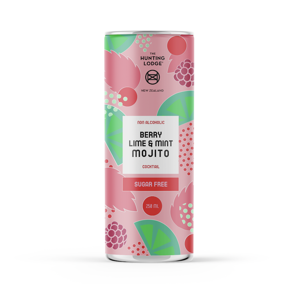 pink can showing pink berries and leaves with green limes