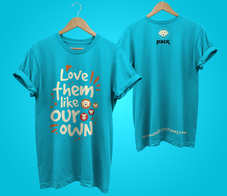 blue, white and yellow tshirts all with the same slogan and dog design