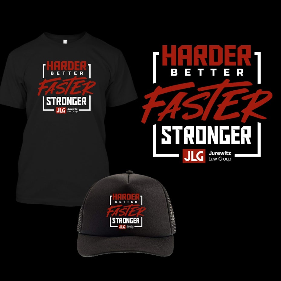 square text slogan in red and white on black tshirt and hat