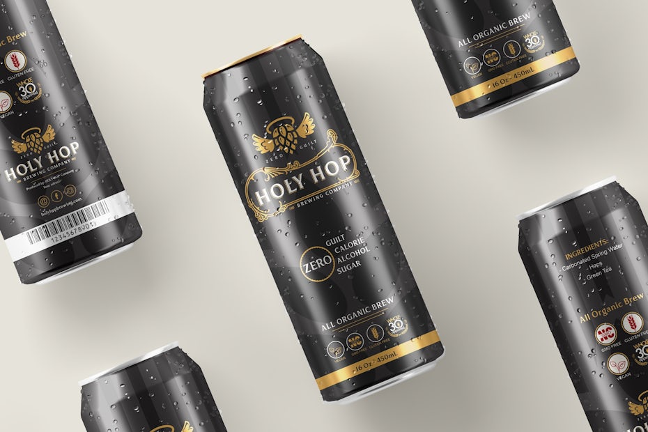 black and gold non-alcoholic beer can design