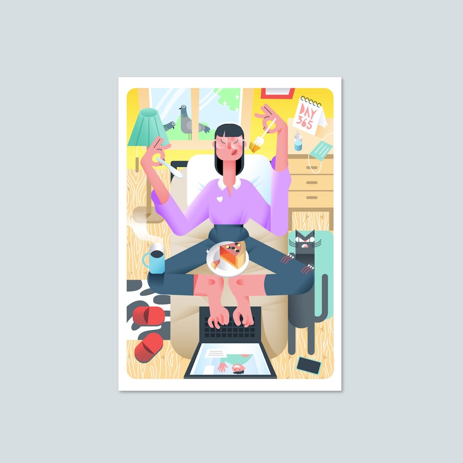 Bright illustration of freelancer multitasking whilst working
