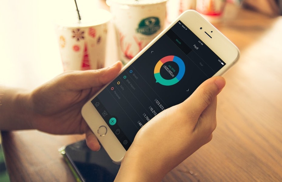 App design mockup showing a person at a cafe using an iPhone