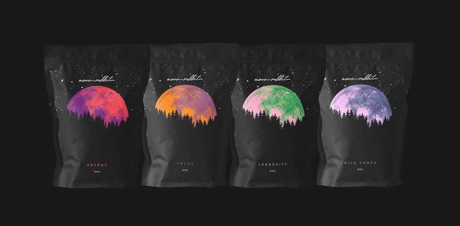 four black packaging pouches side by side, each with a different colored moon