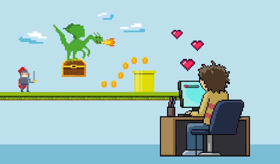 Pixelated illustration of a gamer in action 
