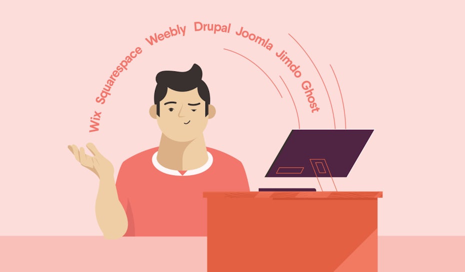A man sitting at a desk with all the alternative websites creating an arch over him