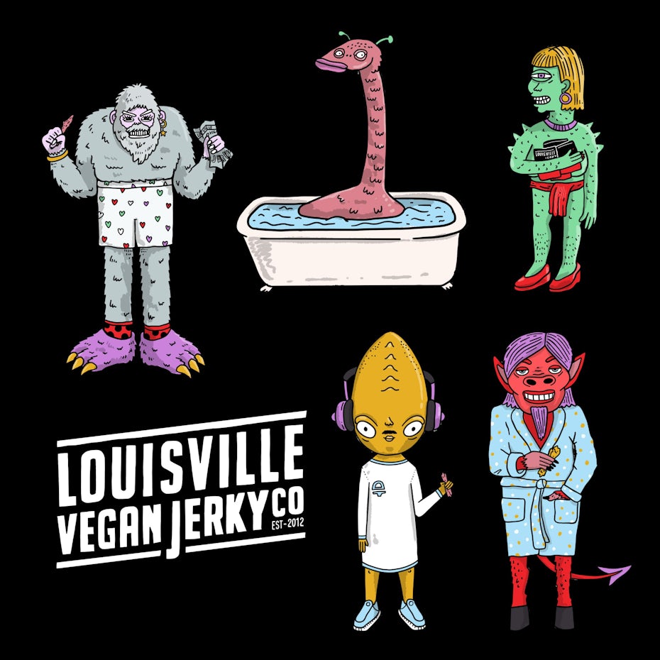 Weird quirky character designs for vegan jerky brand