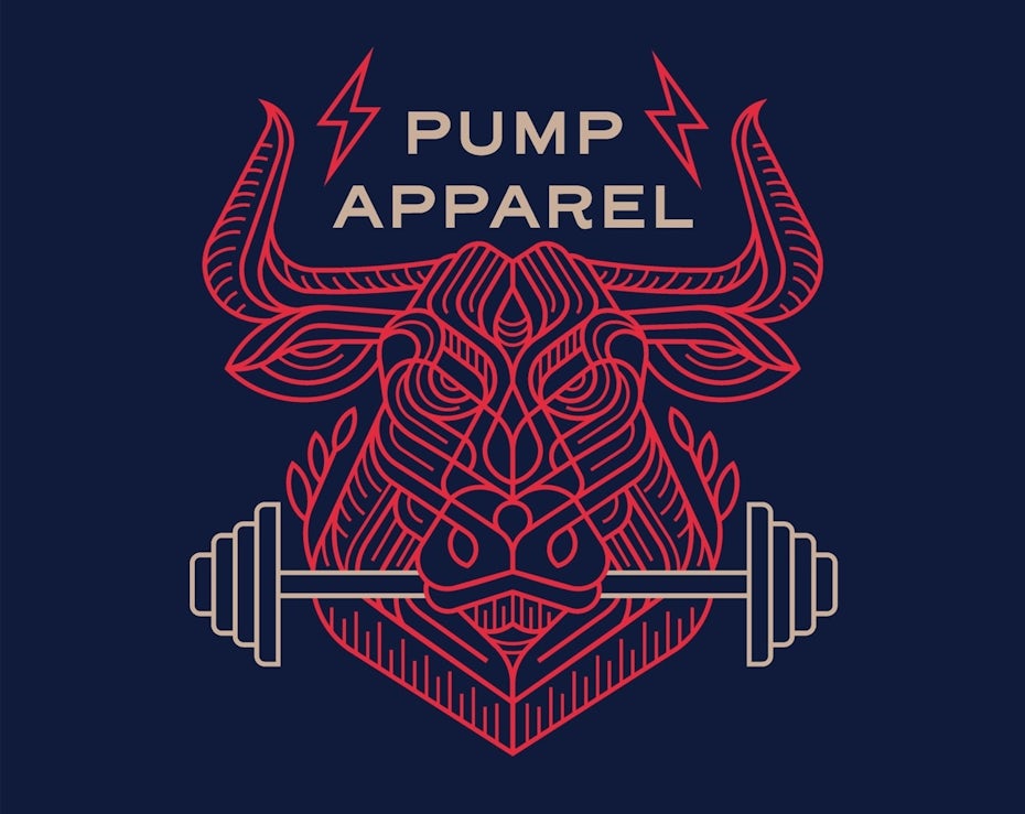 line drawing of gym logo featuring a bull lifting weights