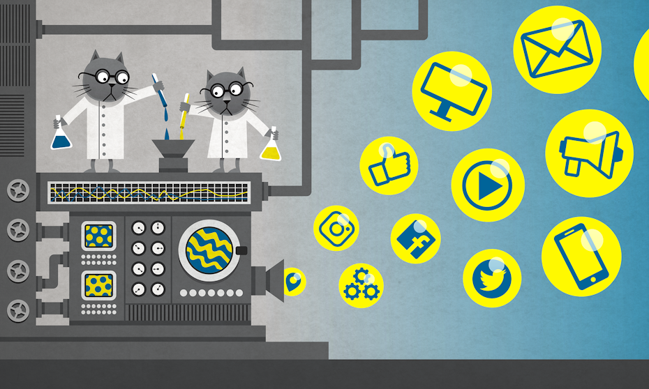 illustration: Zwei Katzen gießen blaue und gelbe Flüssigkeit in eine Maschine, um E-Mails, soziale Nachrichten und Ankündigungen zu generieren