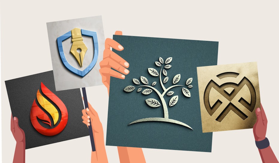 Four hands holding up logo designs