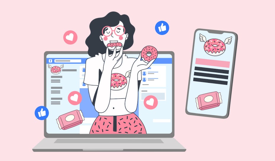 a woman in a laptop screen eating doughnuts with social media in the background and other snacks floating around