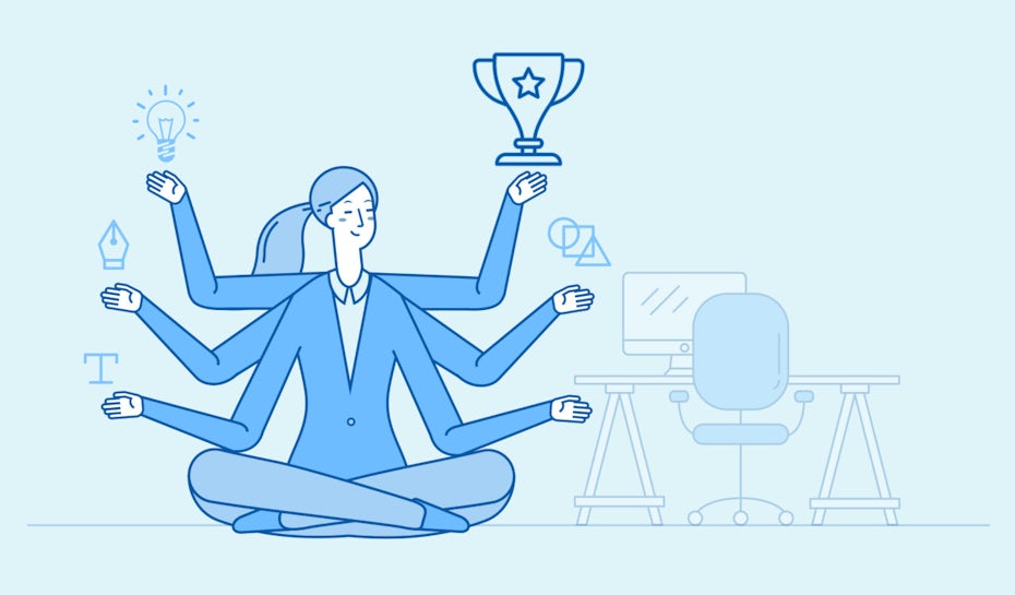 Person sitting with eight arms, each arm is a symbol for another skill the person has