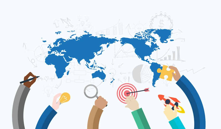 illustration of ideas and brainstorming with a world map as the back drop