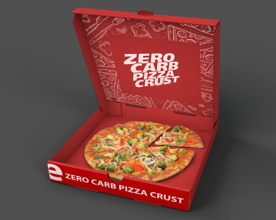 Une maquette de boite de pizza rouge contenant une pizza