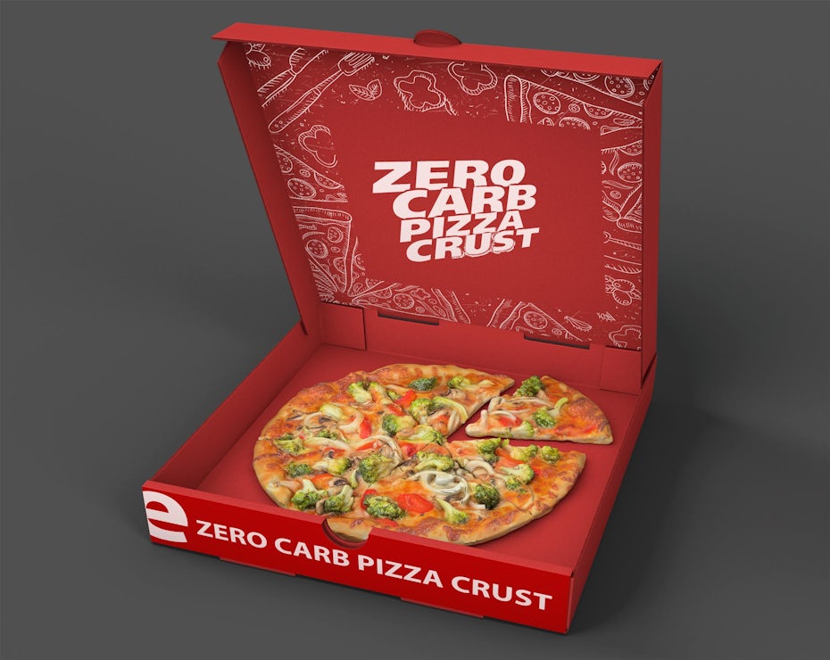 red pizza box rendering with pizza in it