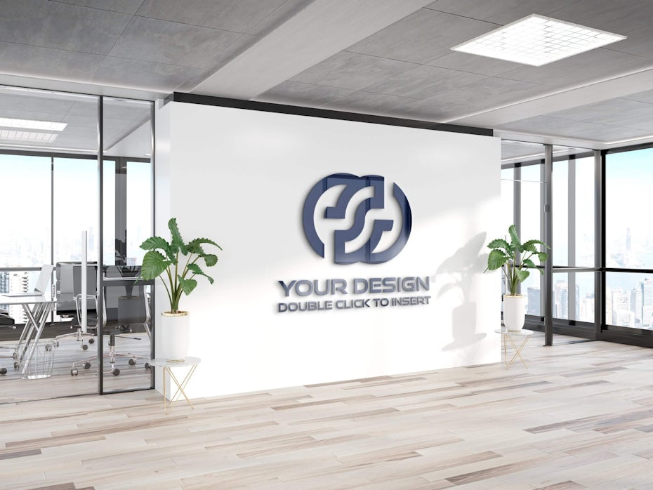 rendering of a white office wall with a shiny black logo on it