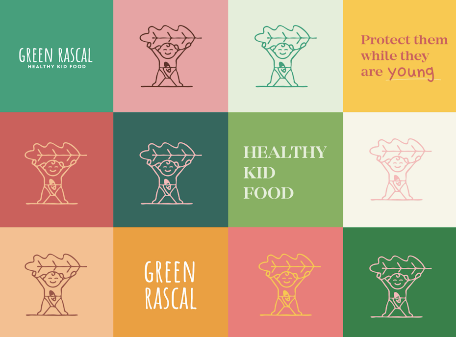 logo and brand identity in green and pink