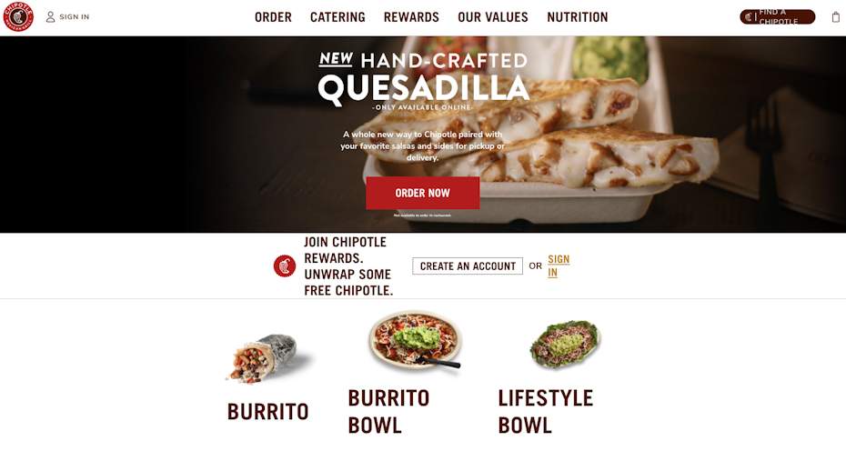 Página de inicio de Chipotle, burritos, tazones y quesadillas