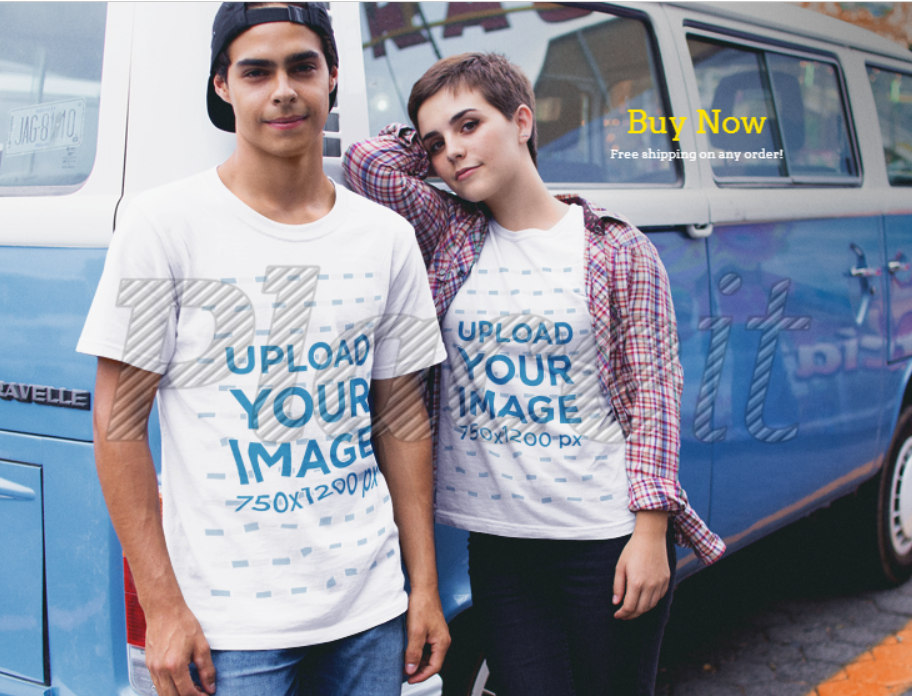 man and woman, both wearing t-shirts, leaning against a van