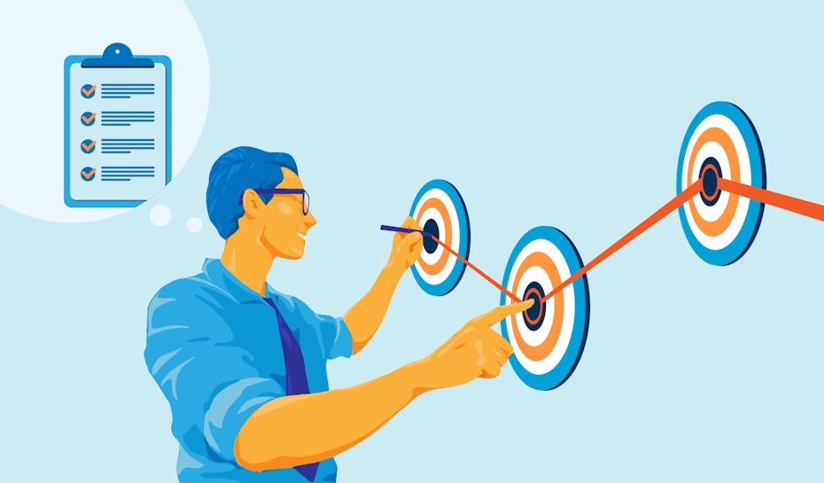 blue and orange illustration of man aligning points together