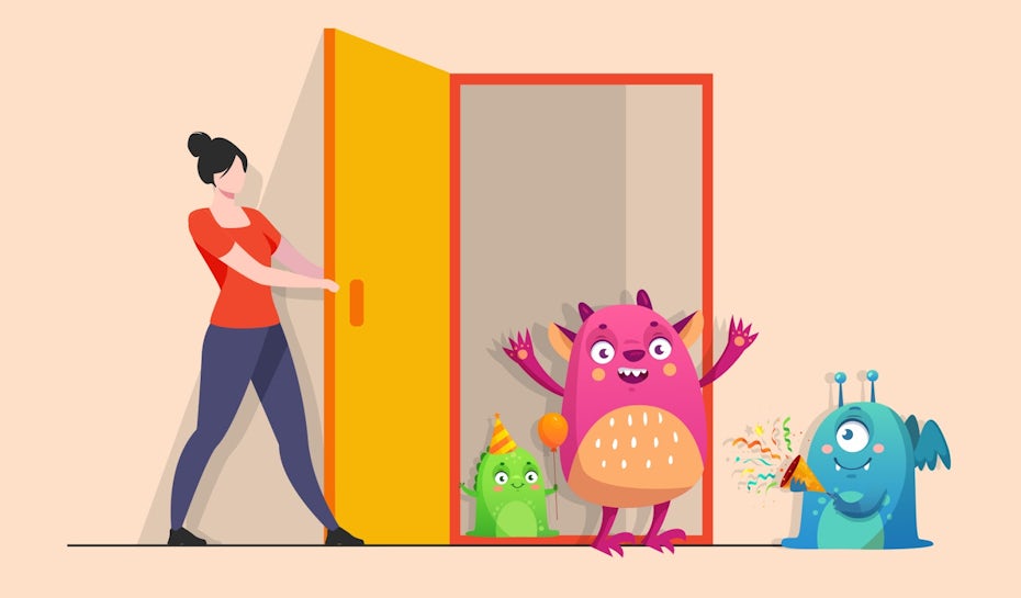Illustration of a person opening the door to various character designs