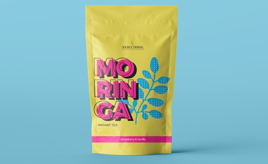 Tea packaging pouch design featuring halftone dots