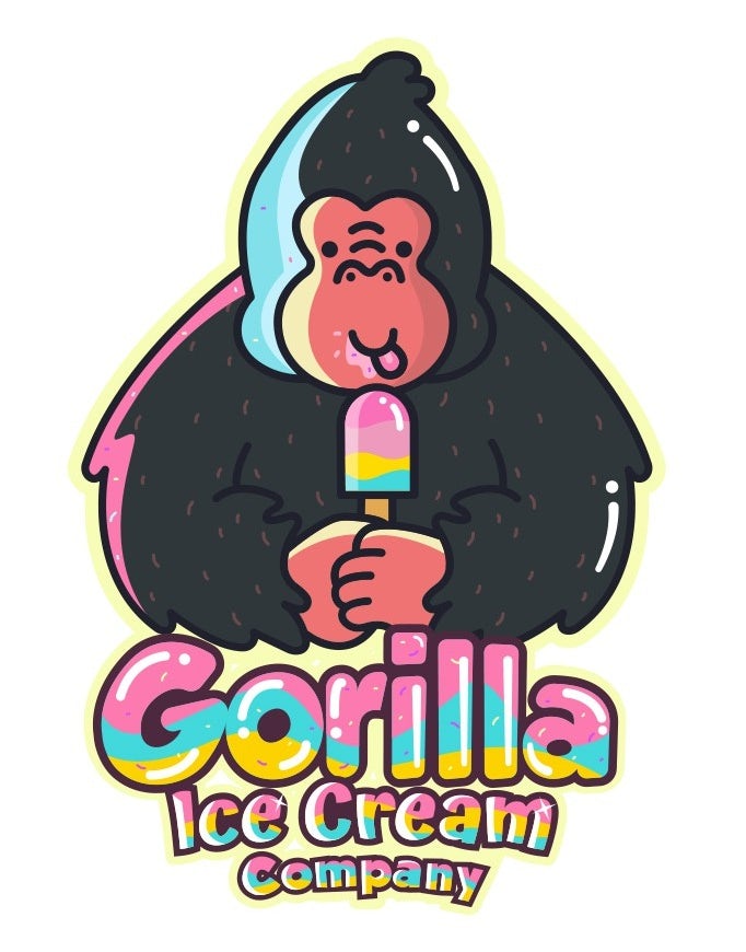 Glitch art illustration of gorilla eating an ice cream