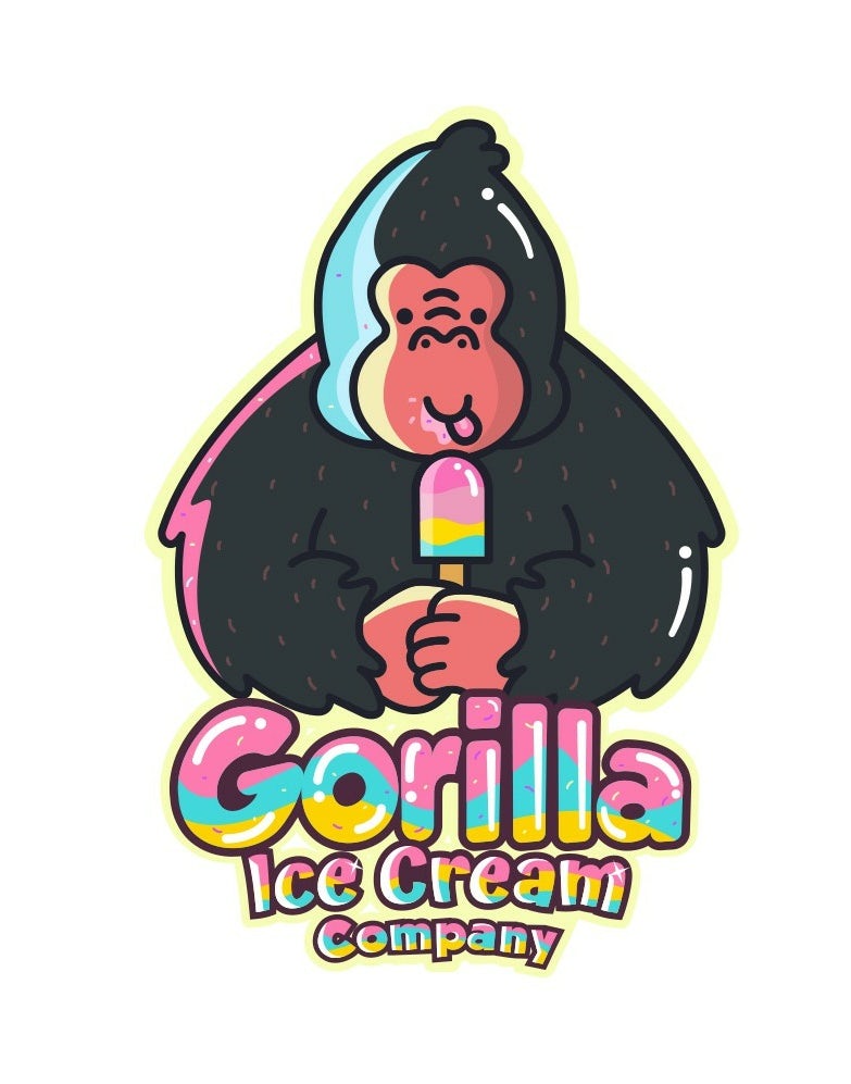 Glitch art illustration of gorilla eating an ice cream