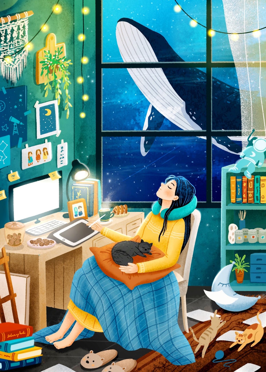 illustration of a woman sitting at a desk, drawing on a tablet while surrounded by objects, cats and a whale through the window