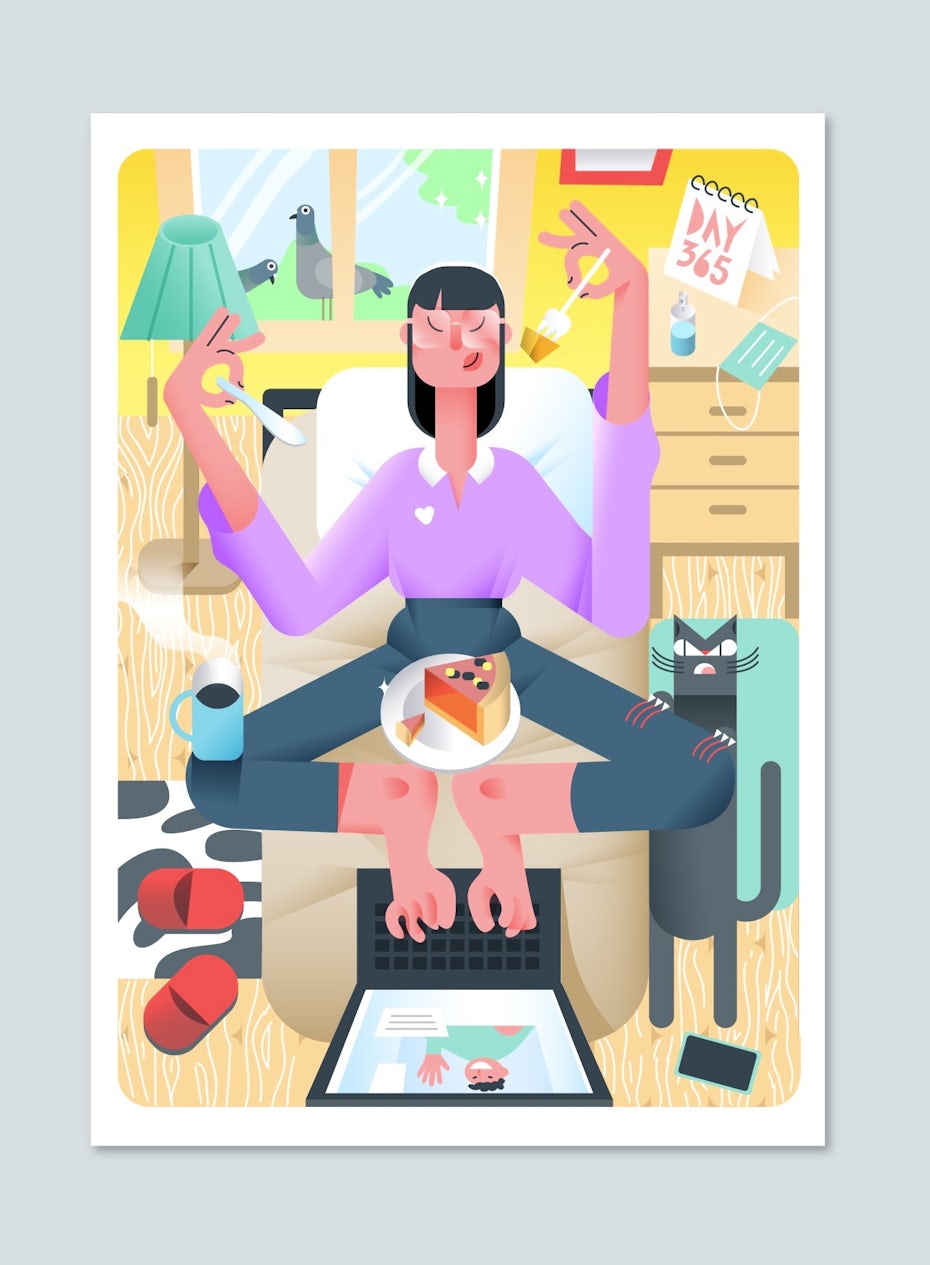 semi-flat illustration of a woman sitting at a laptop, typing with her toes while eating pie and fending off a cat