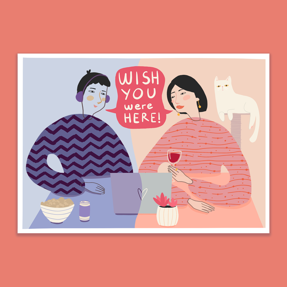 illustration showing two people sitting at a table, a laptop between them