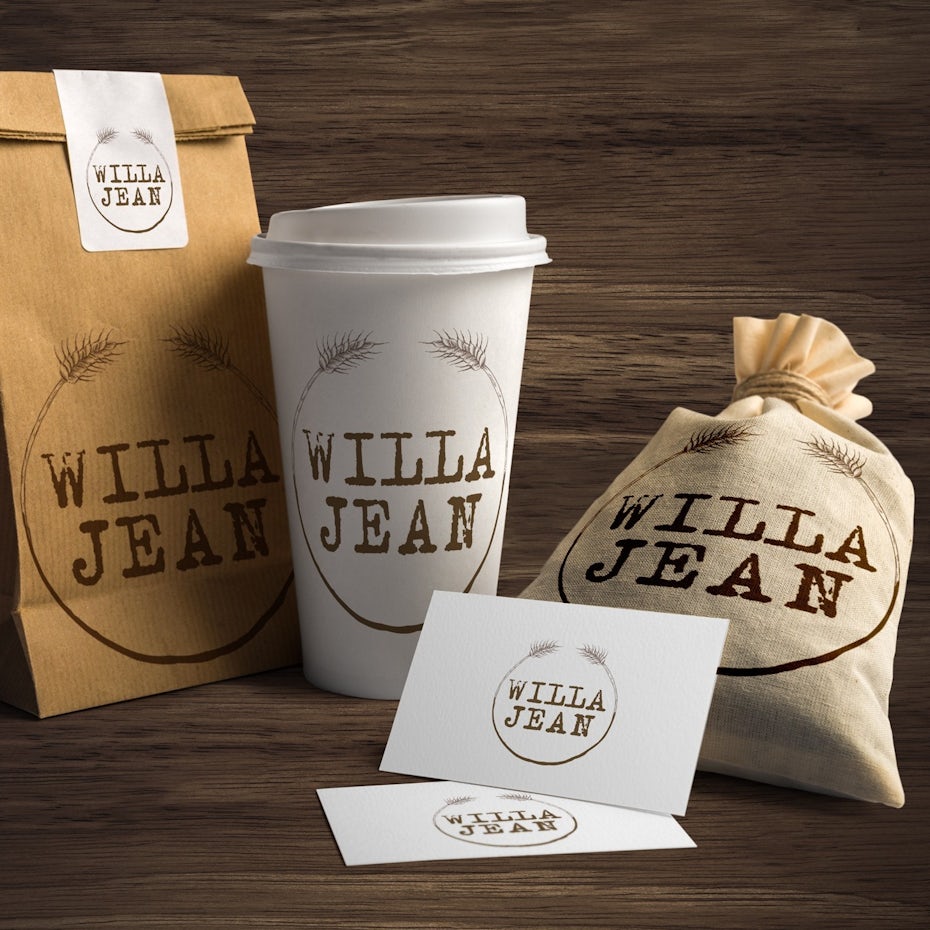 round brown logo on a coffee bean bag, cup and business cards