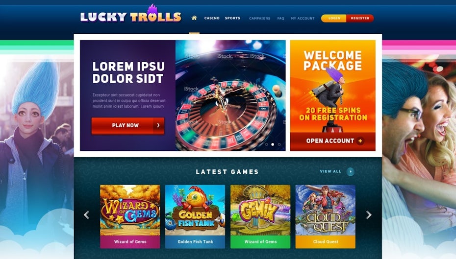 colorful gaming website showing people with troll hair