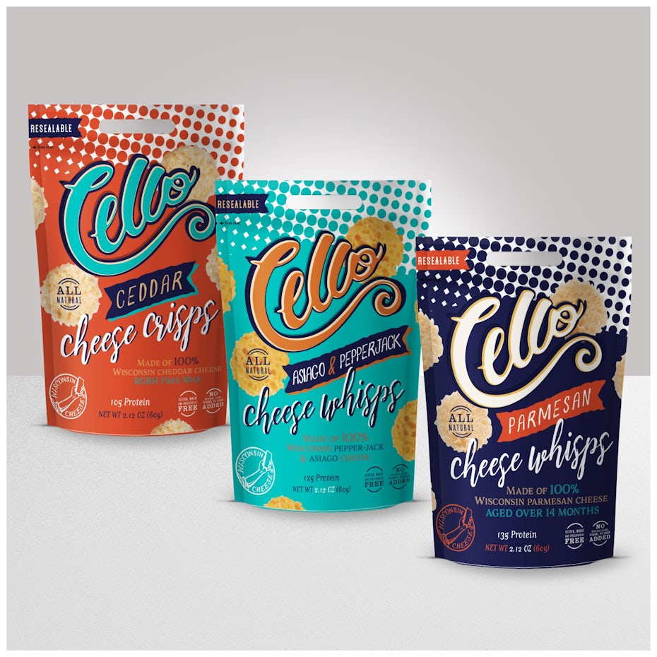 Cheese crisp packaging pouch design featuring halftone dots