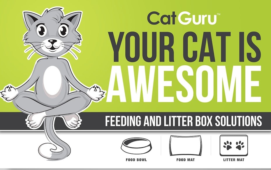 La guía definitiva sobre el diseño publicitario - tarjeta de visita verde, gris y blanca que muestra un gato levitando