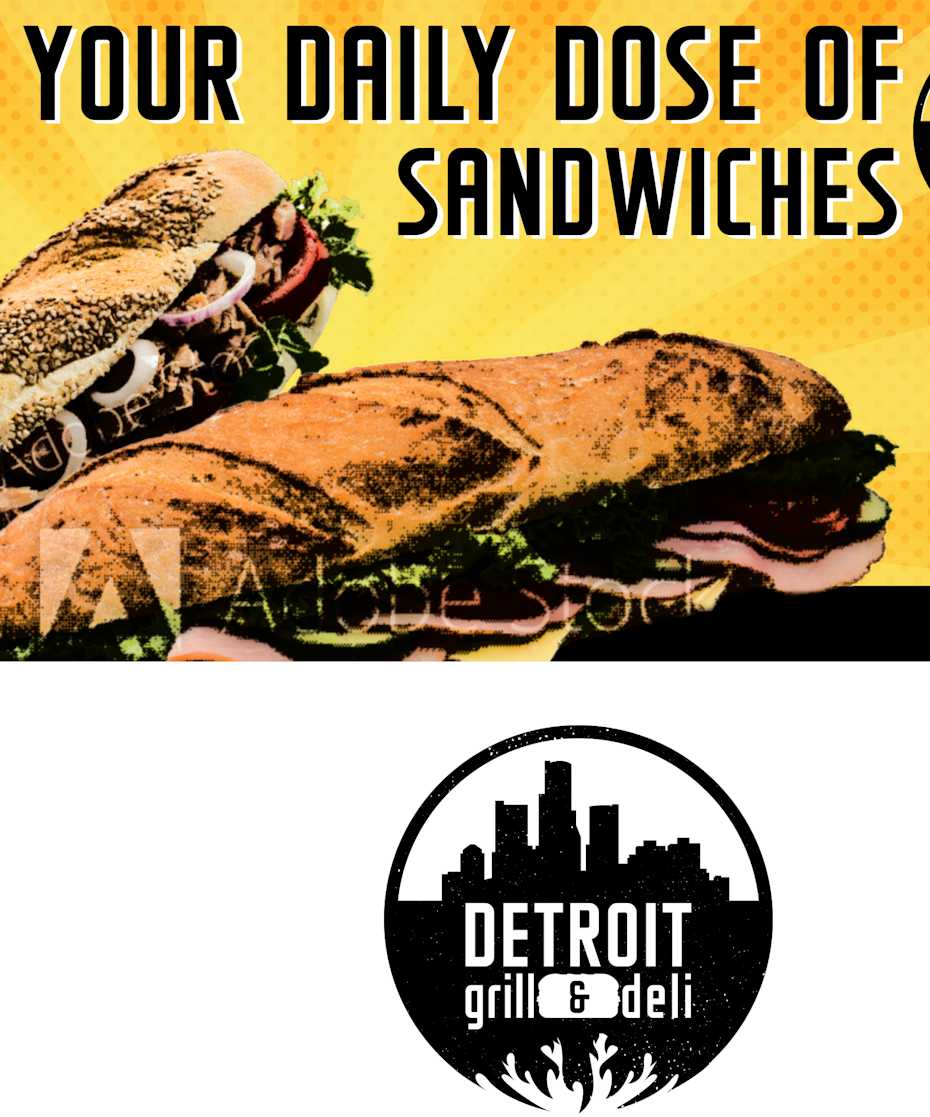 colorful lofi photo of a sandwich and a round logo